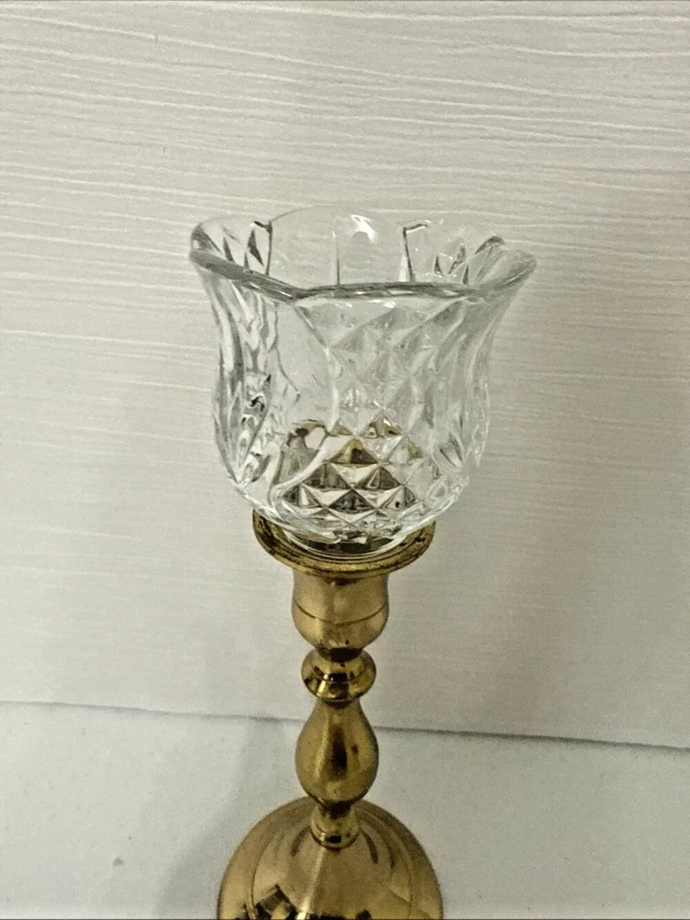 Homco Tulip Diamond Clear Votive Holder on Heavy Brass Candlestick Holder 10.75